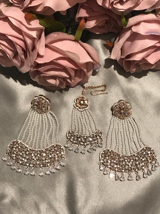 American Diamond Style Statement Earring & Tikka Set - Rose Gold