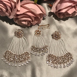 American Diamond Style Statement Earring & Tikka Set - Rose Gold