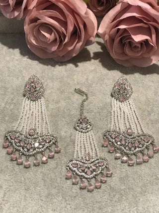 American Diamond Style Earring & Tikka Set - Baby Pink