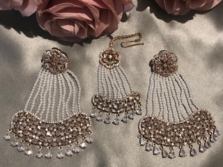 American Diamond Style Statement Earring & Tikka Set - Rose Gold