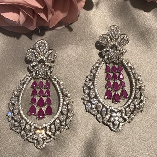 American Diamond Style Statement Earrings - Hot Pink / Silver