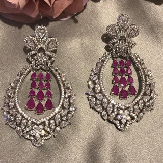 American Diamond Style Statement Earrings - Hot Pink / Silver