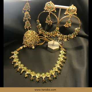 Emerald Green Traditional Punjabi Necklace Set - Gold Plated (Jadau)