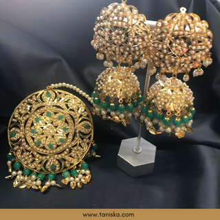 Emerald Green Traditional Punjabi Earring Tikka Set - Gold Plated (Jadau)