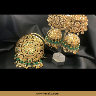 Emerald Green Traditional Punjabi Earring Tikka Set - Gold Plated (Jadau)