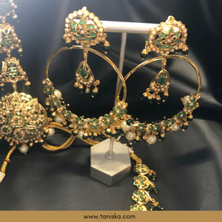 Emerald Green Traditional Punjabi Necklace Set - Gold Plated (Jadau)