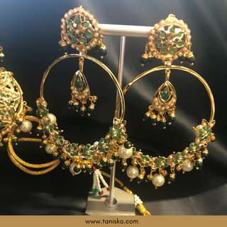 Emerald Green Traditional Punjabi Necklace Set - Gold Plated (Jadau)