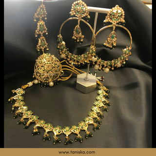 Emerald Green Traditional Punjabi Necklace Set - Gold Plated (Jadau)