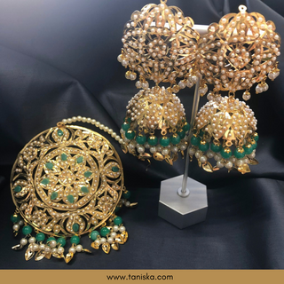 Emerald Green Traditional Punjabi Earring Tikka Set - Gold Plated (Jadau)