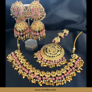 Baby Pink Traditional Punjabi Necklace Set with Sahare - Gold Plated (Jadau)