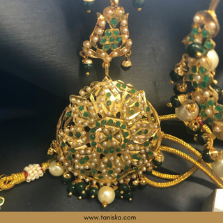 Emerald Green Traditional Punjabi Necklace Set - Gold Plated (Jadau)