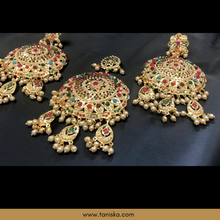 Traditional Punjabi Earring Tikka Set - Gold Plated (Jadau)