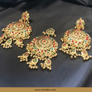 Traditional Punjabi Earring Tikka Set - Gold Plated (Jadau)