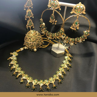 Emerald Green Traditional Punjabi Necklace Set - Gold Plated (Jadau)