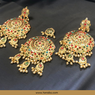 Traditional Punjabi Earring Tikka Set - Gold Plated (Jadau)