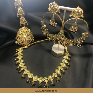 Emerald Green Traditional Punjabi Necklace Set - Gold Plated (Jadau)