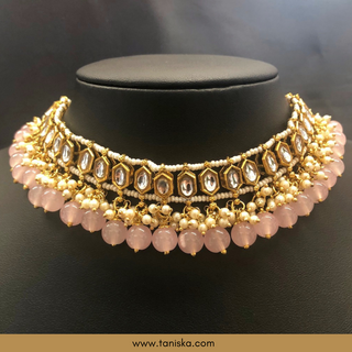 Baby Pink Traditional Necklace Set - Antique Gold