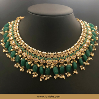 Emerald Green Traditional Necklace Set - Antique Gold