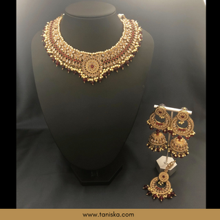 Red Traditional Necklace Set - Antique Gold