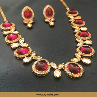 Red Kundan Traditional Necklace Set - Antique Gold