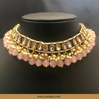 Baby Pink Traditional Necklace Set - Antique Gold