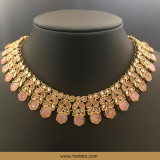 Baby Pink Traditional Necklace Set - Antique Gold