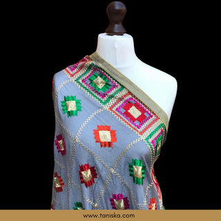 GEOMETRICALBOXED-GREY Pastel Dusky Grey Punjabi Phulkari Dupatta