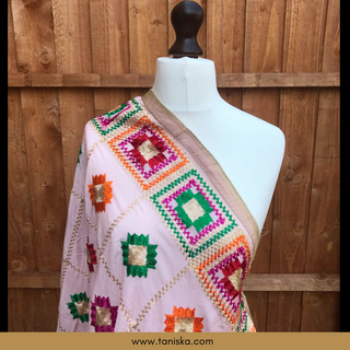 GEOMETRICALBOXED-PINK Pastel Dusky Blush Pink Punjabi Phulkari Dupatta