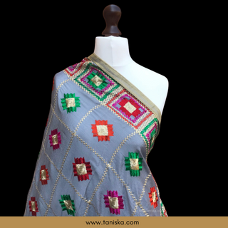 GEOMETRICALBOXED-GREY Pastel Dusky Grey Punjabi Phulkari Dupatta