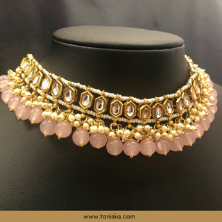 Baby Pink Traditional Necklace Set - Antique Gold