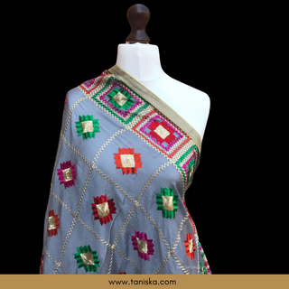 GEOMETRICALBOXED-GREY Pastel Dusky Grey Punjabi Phulkari Dupatta