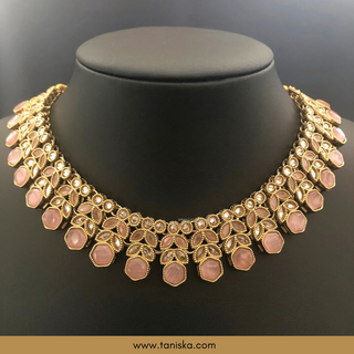 Baby Pink Traditional Necklace Set - Antique Gold