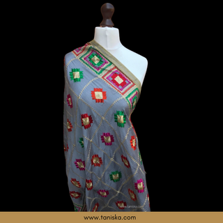 GEOMETRICALBOXED-GREY Pastel Dusky Grey Punjabi Phulkari Dupatta