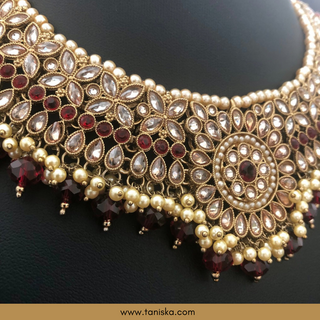 Red Traditional Necklace Set - Antique Gold