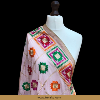 GEOMETRICALBOXED-PINK Pastel Dusky Blush Pink Punjabi Phulkari Dupatta