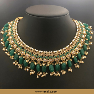 Emerald Green Traditional Necklace Set - Antique Gold