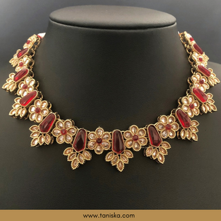 Red Traditional Necklace Set - Antique Gold