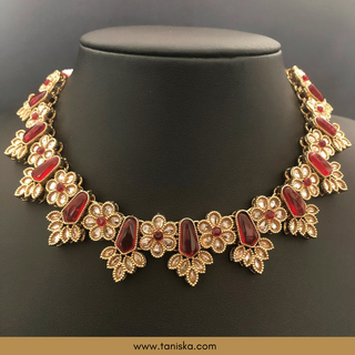 Red Traditional Necklace Set - Antique Gold