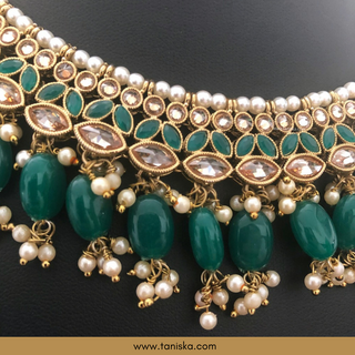 Emerald Green Traditional Necklace Set - Antique Gold