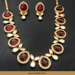 Red Kundan Traditional Necklace Set - Antique Gold