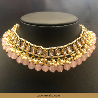 Baby Pink Traditional Necklace Set - Antique Gold