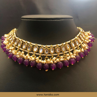 Purple Traditional Necklace Set - Antique Gold