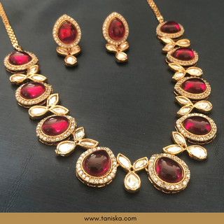 Red Kundan Traditional Necklace Set - Antique Gold