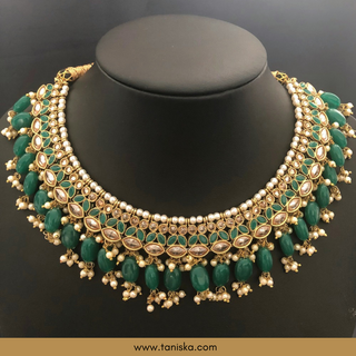 Emerald Green Traditional Necklace Set - Antique Gold