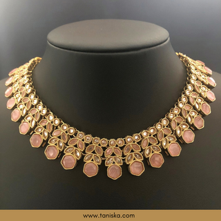 Baby Pink Traditional Necklace Set - Antique Gold