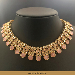 Baby Pink Traditional Necklace Set - Antique Gold