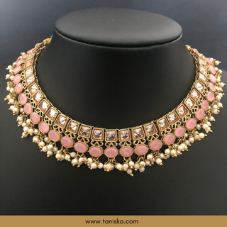 Baby Pink Traditional Necklace Set - Antique Gold