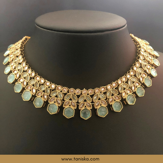 Sky Blue Traditional Necklace Set - Antique Gold