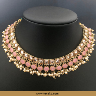 Baby Pink Traditional Necklace Set - Antique Gold