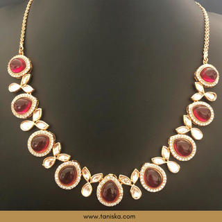 Red Kundan Traditional Necklace Set - Antique Gold